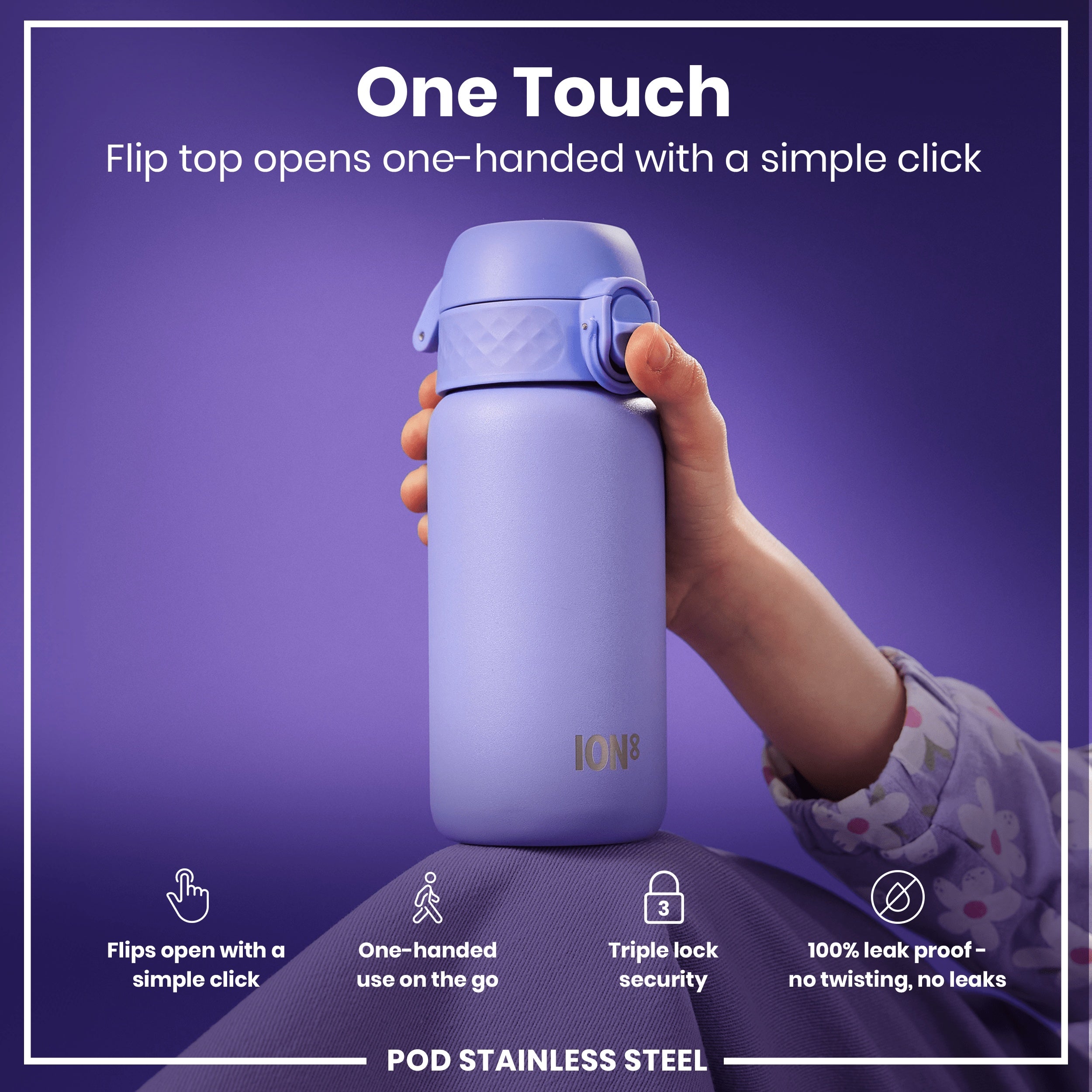 Leak Proof Kids Water Bottle, Stainless Steel, Light Purple, 400ml (13oz)