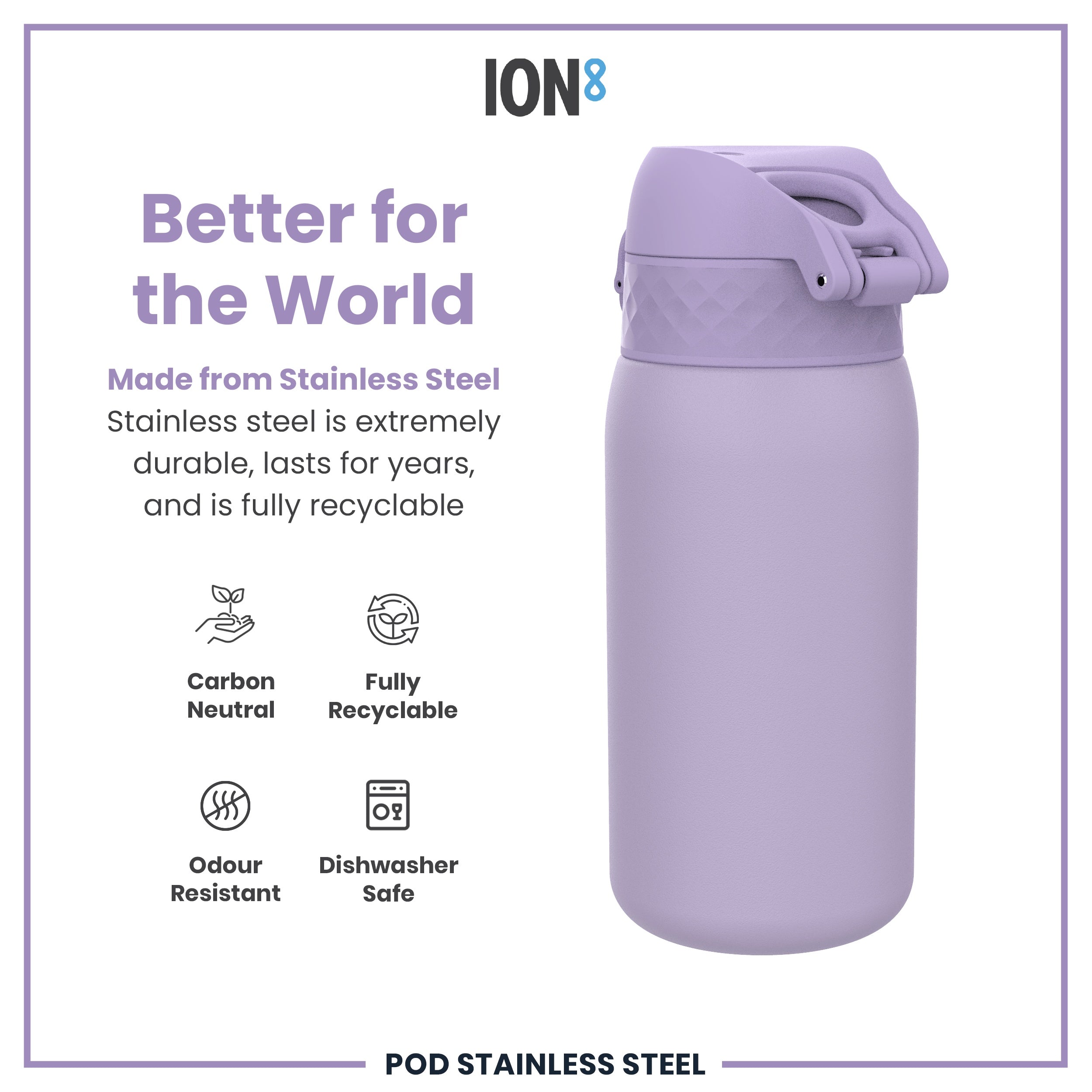 Leak Proof Kids Water Bottle, Stainless Steel, Light Purple, 400ml (13oz)