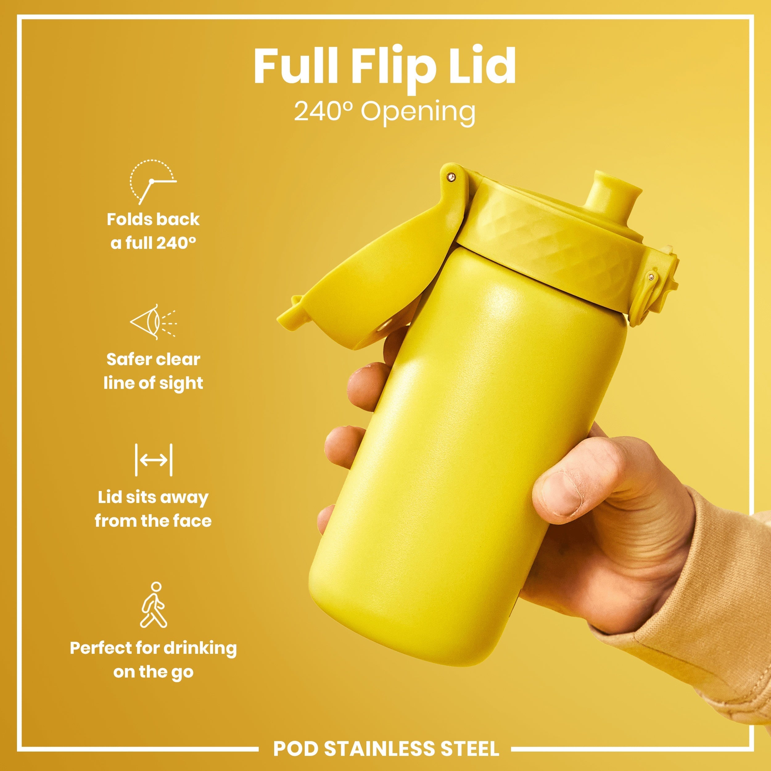 Leak Proof Kids Water Bottle, Stainless Steel, Yellow, 400ml (13oz)