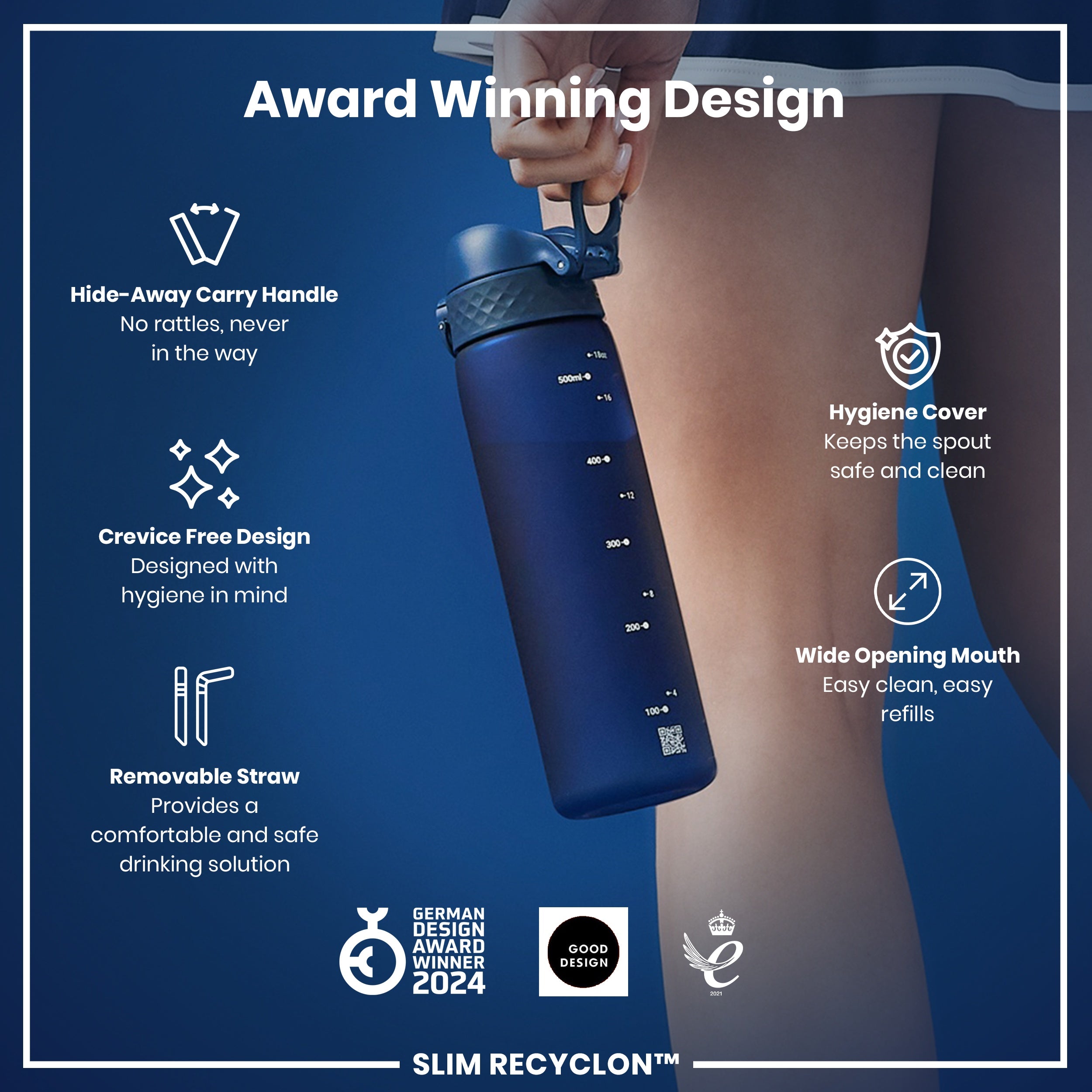 Leak Proof Medium Water Bottle with Straw, Recyclon, Navy, 500ml (18oz)