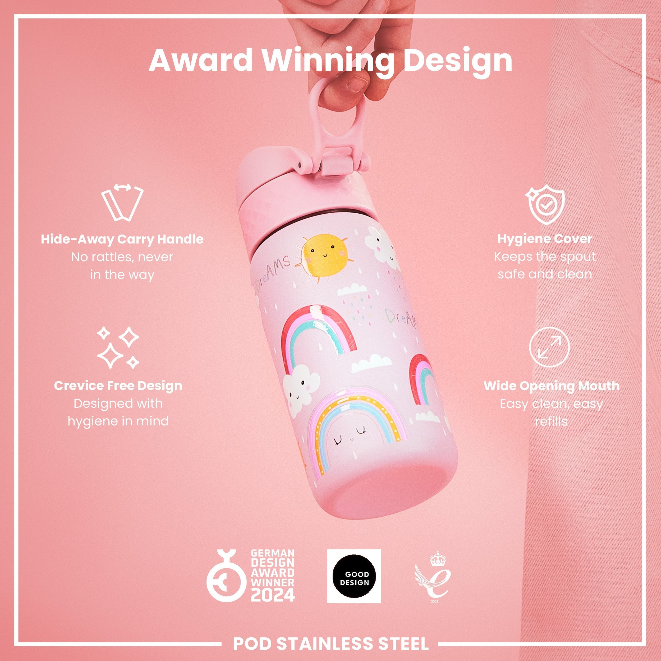 Leak Proof Kids Water Bottle, Stainless Steel, Rainbows, 400ml (13oz)
