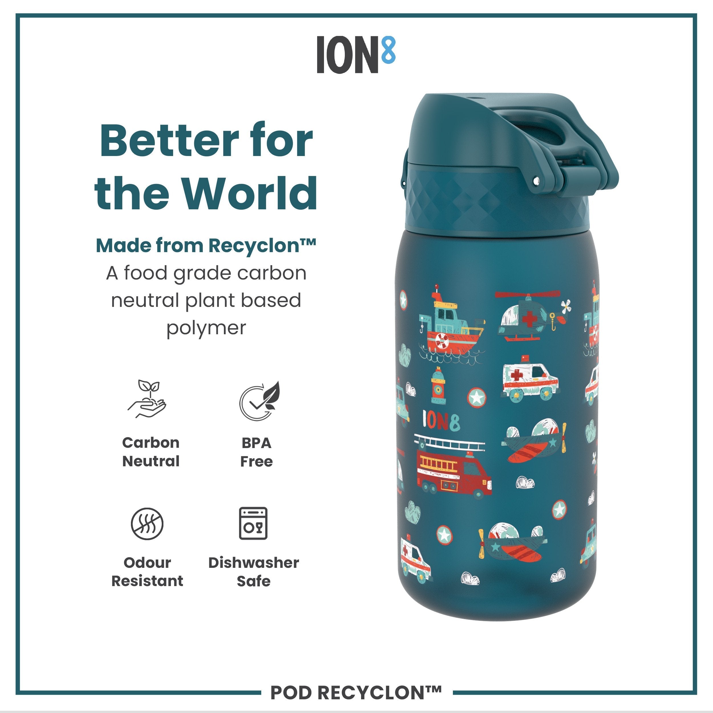 Leak Proof Kids Water Bottle, Recyclon, Rescue Vehicles, 350ml (12oz)