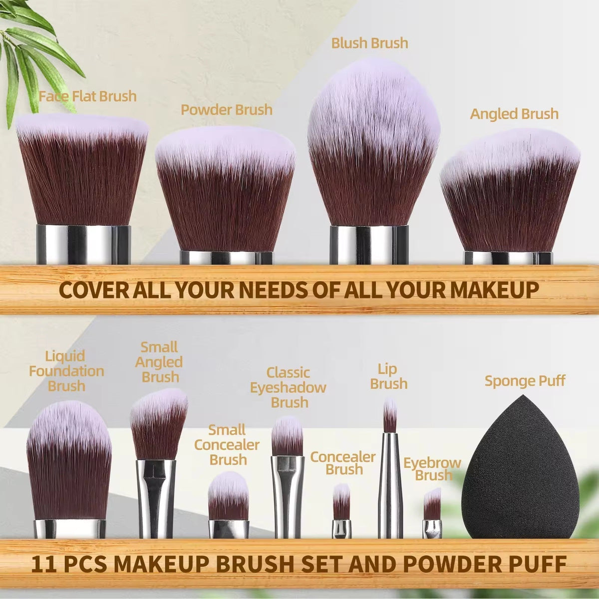 Bamboo Plastic Free Makeup Brushes, Soft Bristles For Makeup Application - 12 Pack