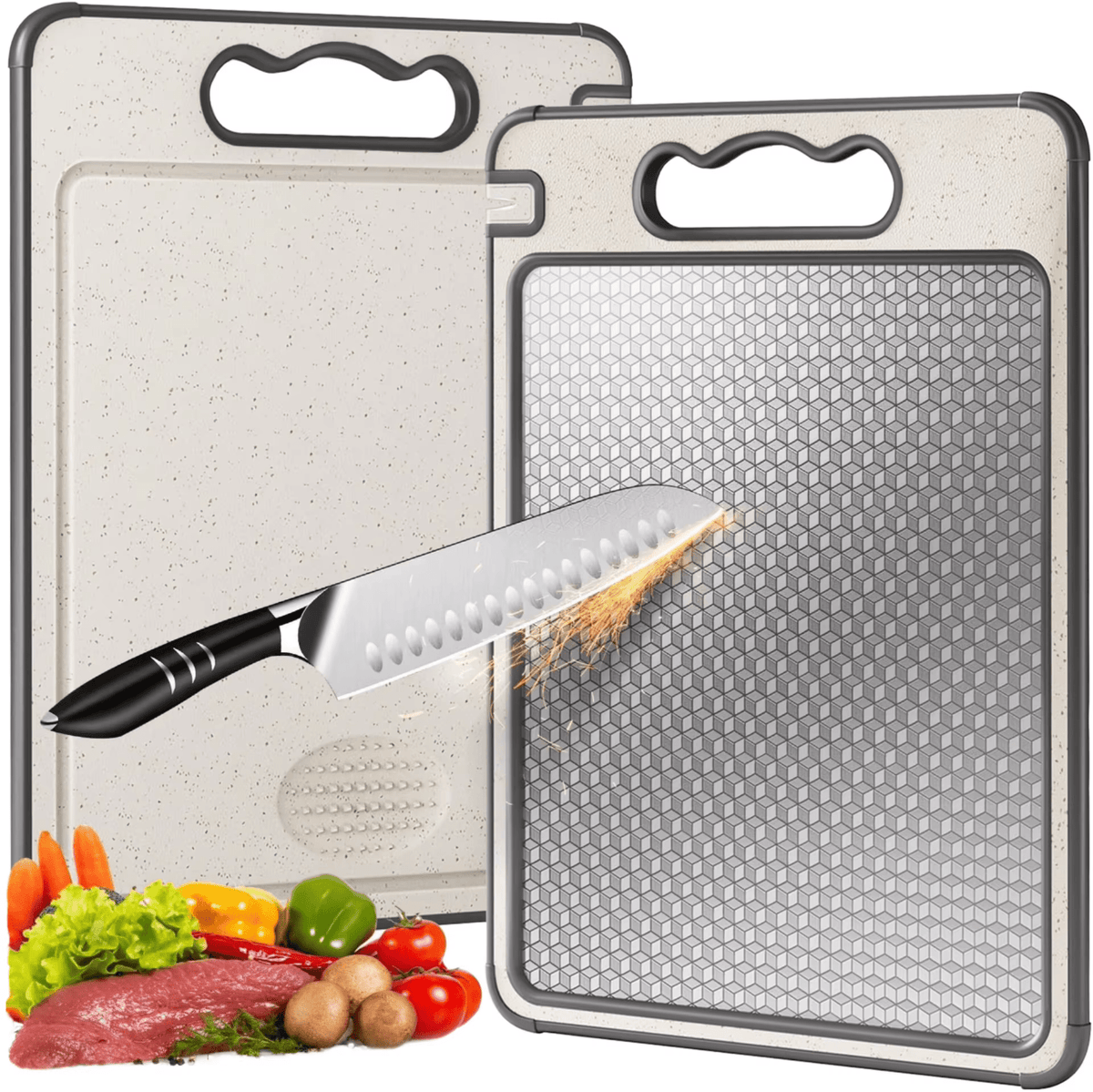Double-Sided Stainless Steel Cutting Board with Wheat Straw & Knife Sharpener