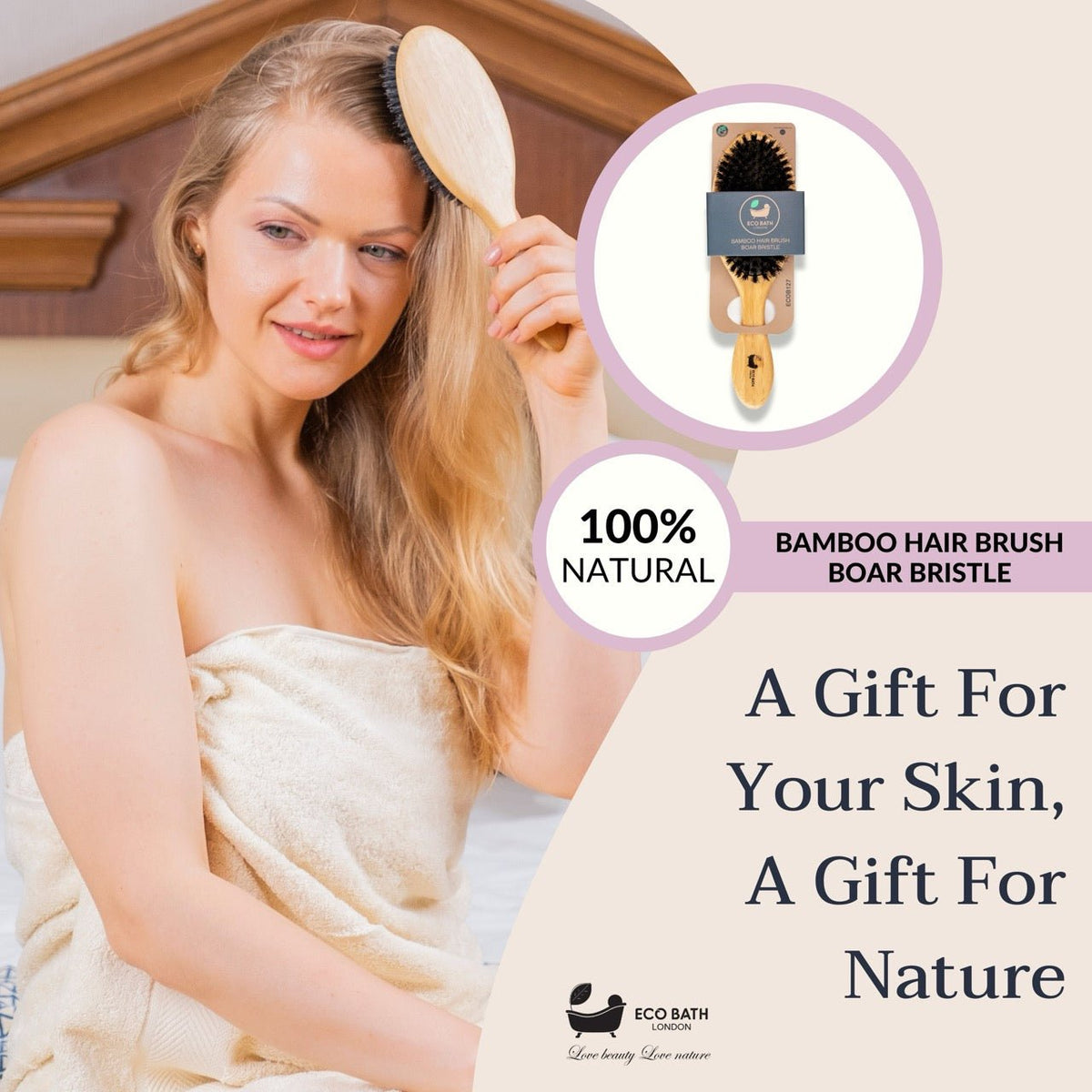 Eco Bath London Bamboo Hair Brush with Boar Bristles - Eco-Friendly Detangling Hairbrush for All Hair Types