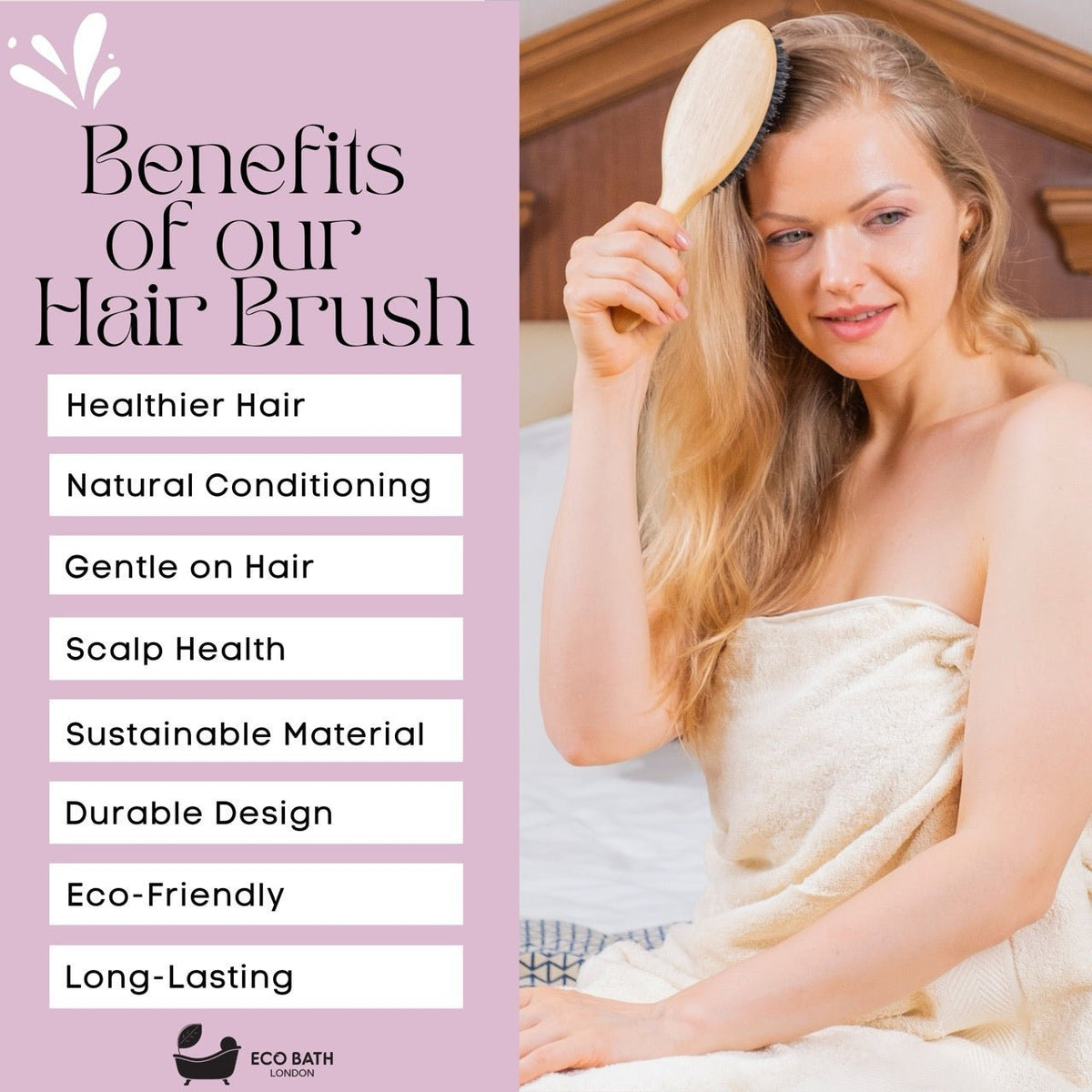 Eco Bath London Bamboo Hair Brush with Boar Bristles - Eco-Friendly Detangling Hairbrush for All Hair Types