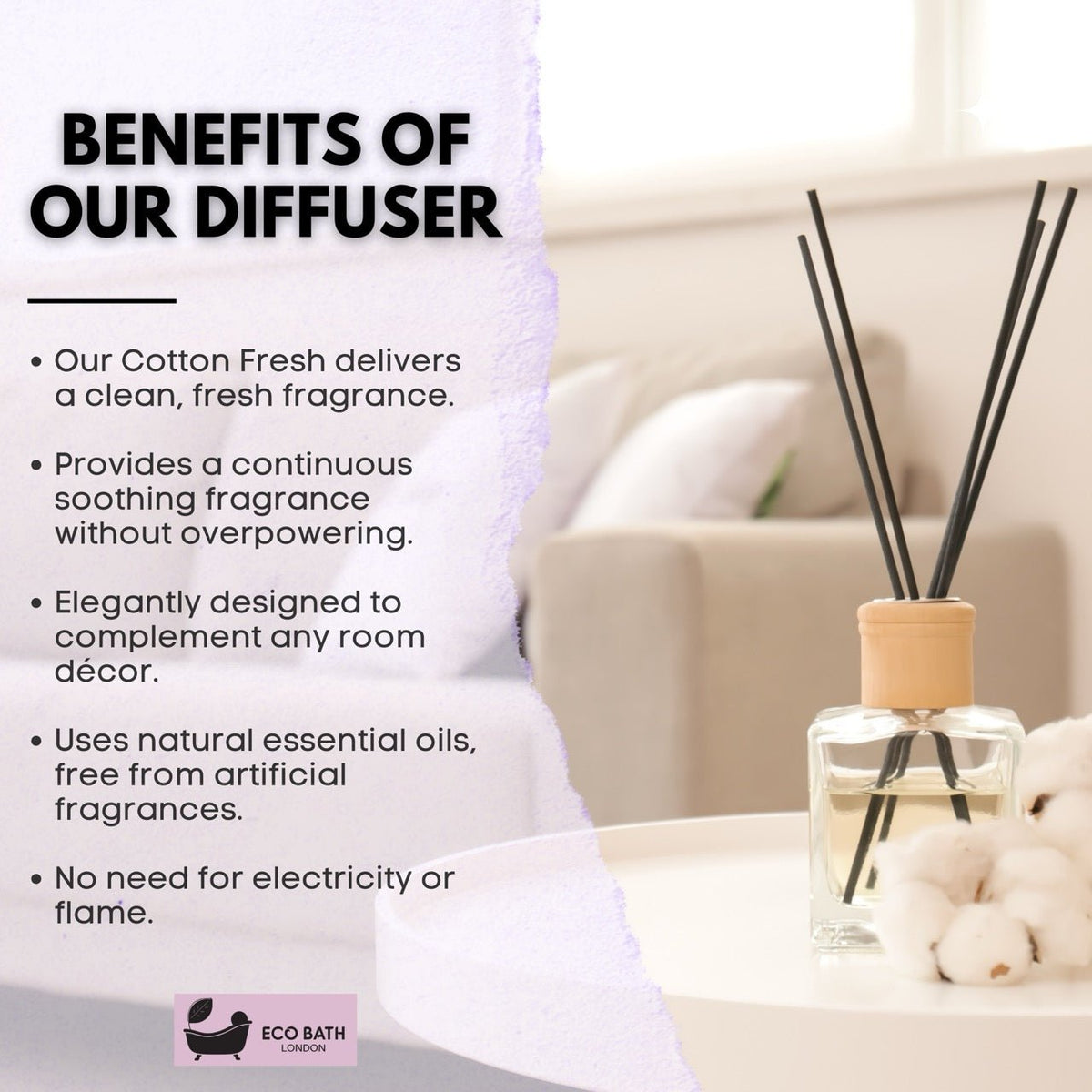 Eco Bath London Cotton Fresh Reed Diffuser 100ml (3.38 Fl.Oz) - Luxurious Calming Reed Diffuser for Home Fragrance