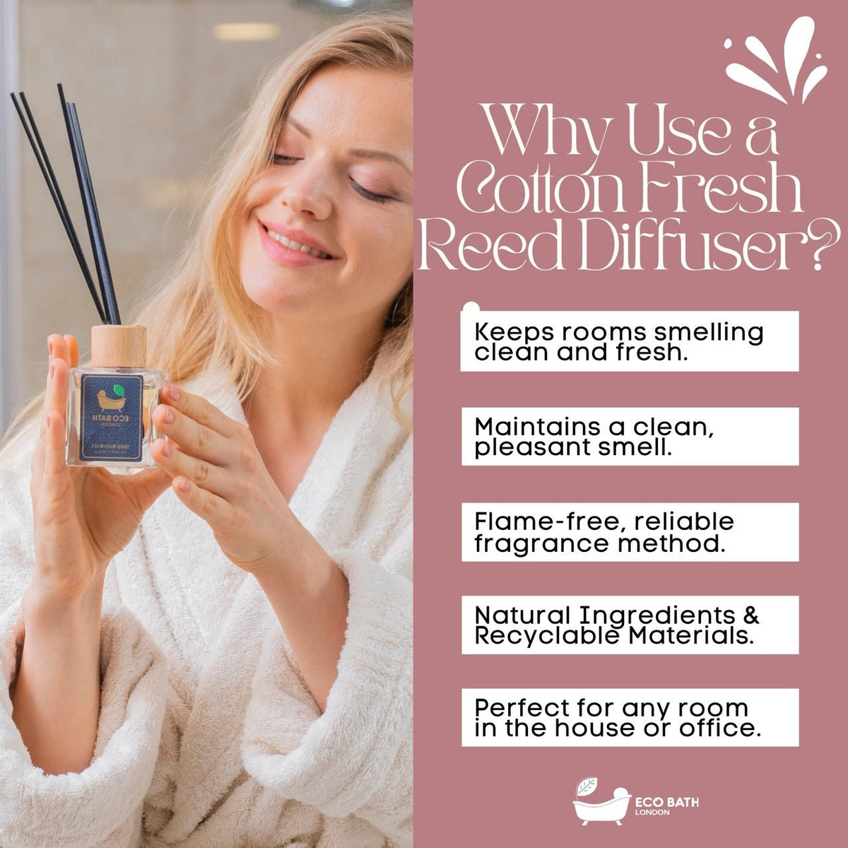 Eco Bath London Cotton Fresh Reed Diffuser 100ml (3.38 Fl.Oz) - Luxurious Calming Reed Diffuser for Home Fragrance