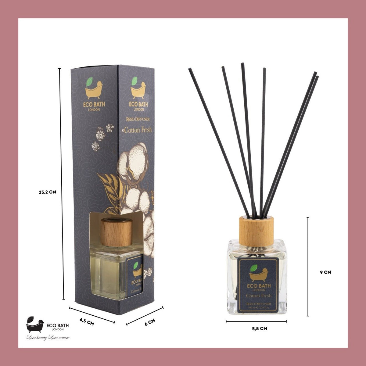Eco Bath London Cotton Fresh Reed Diffuser 100ml (3.38 Fl.Oz) - Luxurious Calming Reed Diffuser for Home Fragrance