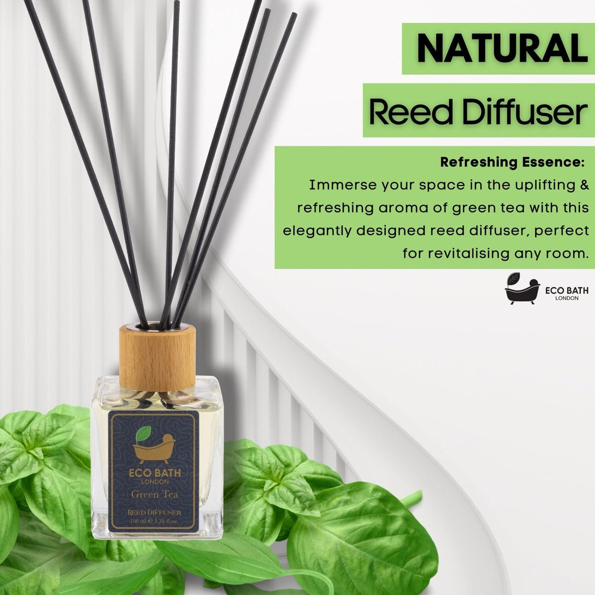 Eco Bath London Green Tea Reed Diffuser - Refreshing Room Fragrance with Notes of Bergamot and Green Tea, 100ml (3.38 Fl.Oz)