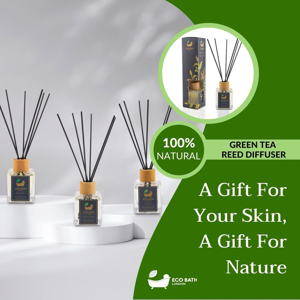 Eco Bath London Green Tea Reed Diffuser - Refreshing Room Fragrance with Notes of Bergamot and Green Tea, 100ml (3.38 Fl.Oz)