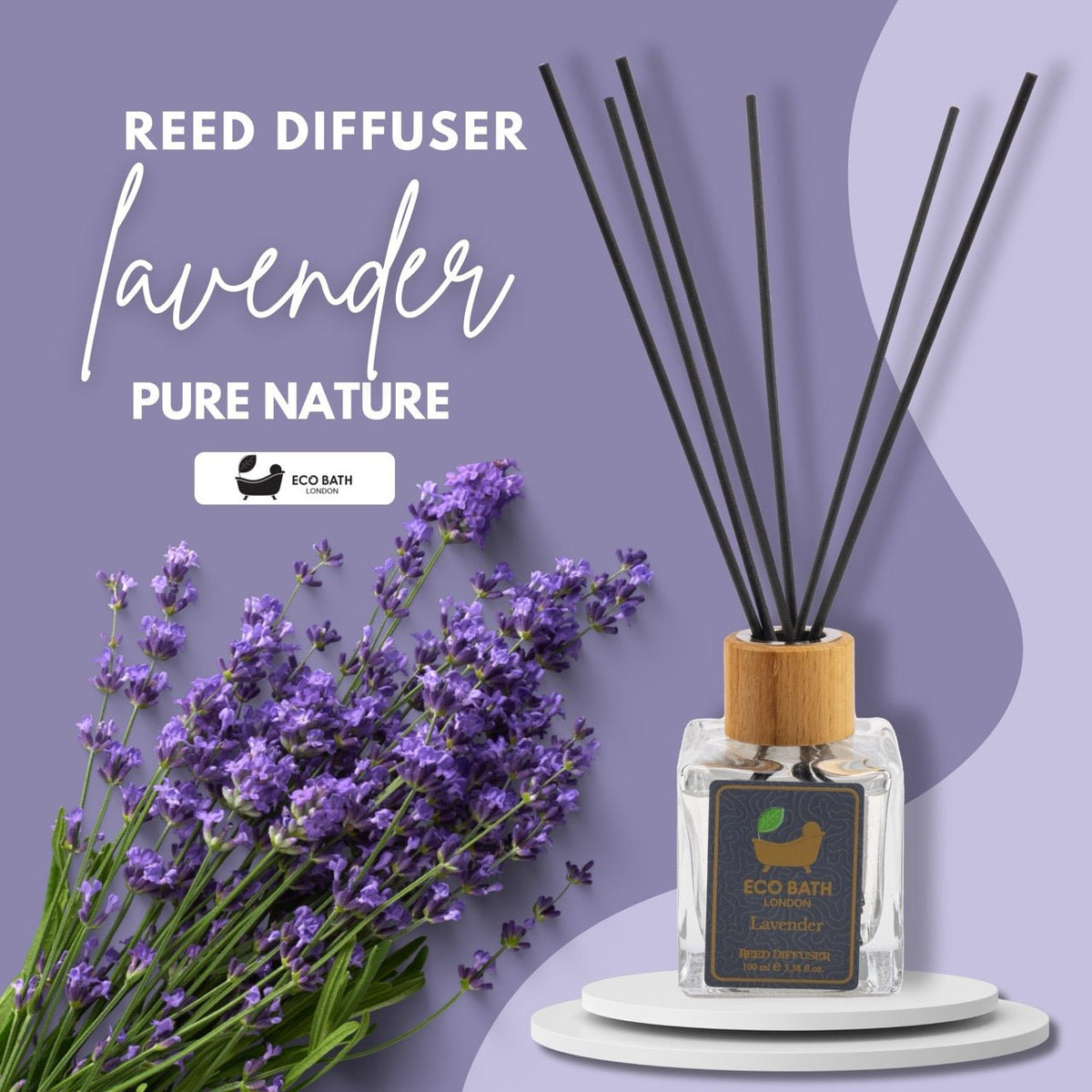 Eco Bath London French Lavender Reed Diffuser - Luxurious Home Fragrance with Natural Essential French Lavender Oil, 100ml (3.38 Fl.Oz)