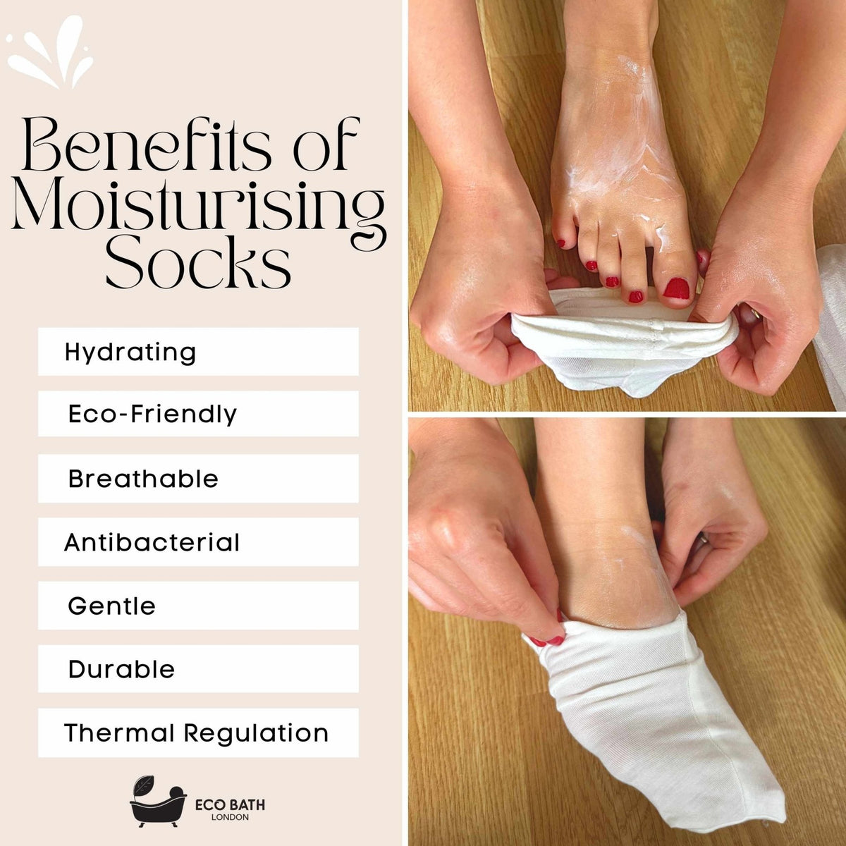 Eco Bath London Moisturising Socks - 1 Pair, Breathable Soft Foot Moisturiser Socks for Overnight Hydration