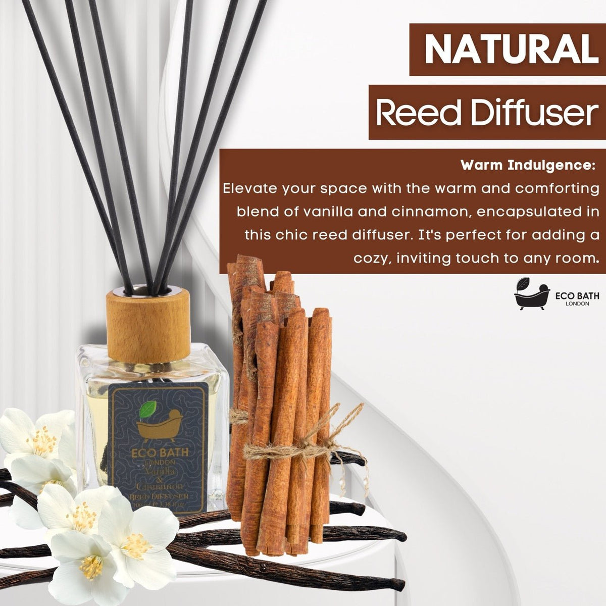 Eco Bath London Vanilla Cinnamon Reed Diffuser - Luxurious Herbal Scent of Cinnamon and Vanilla, Long Lasting Room Diffuser, 100ml (3.38 Fl.Oz)