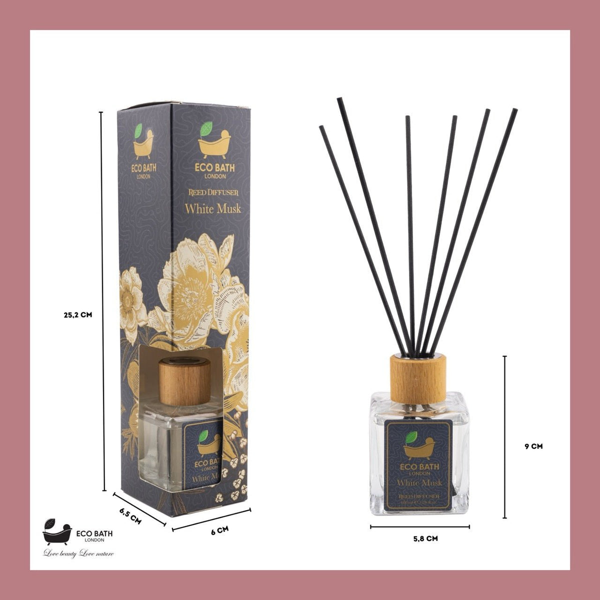 Eco Bath London White Musk Reed Diffuser - Fresh and Sweet Fruits Scented Room Diffuser with Lemon, Mandarin, Green Pear, and Bergamot, 100ml (3.38 Fl.Oz)