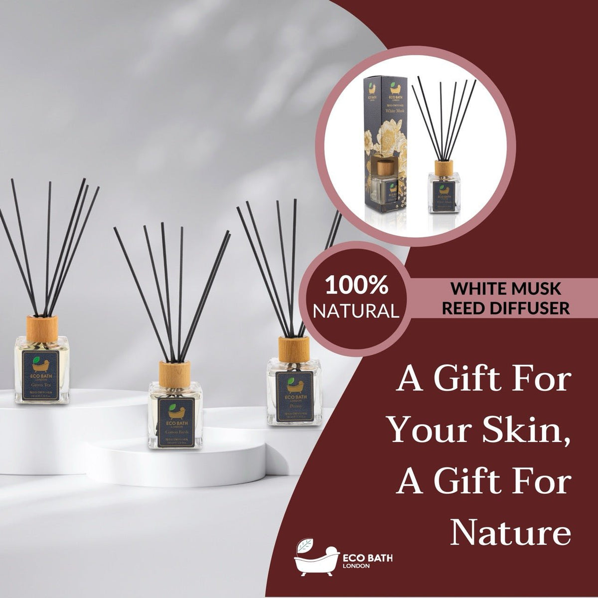 Eco Bath London White Musk Reed Diffuser - Fresh and Sweet Fruits Scented Room Diffuser with Lemon, Mandarin, Green Pear, and Bergamot, 100ml (3.38 Fl.Oz)