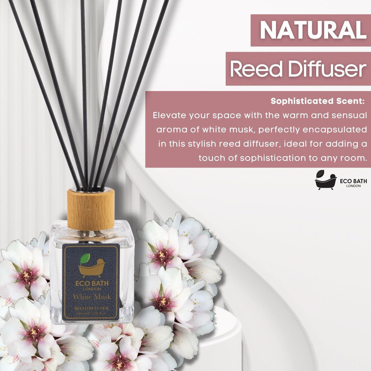 Eco Bath London White Musk Reed Diffuser - Fresh and Sweet Fruits Scented Room Diffuser with Lemon, Mandarin, Green Pear, and Bergamot, 100ml (3.38 Fl.Oz)