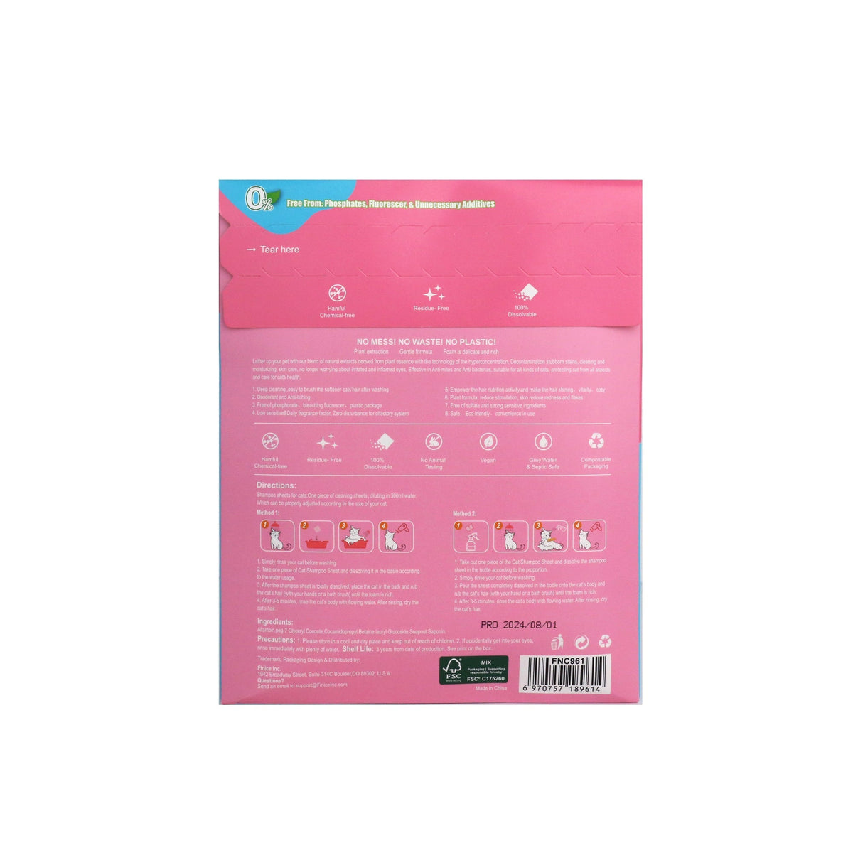 Finice Cat Shampoo Sheets – Plant-Based, Anti-Itch & Deodorising, Elegant Floral, 32 Washes