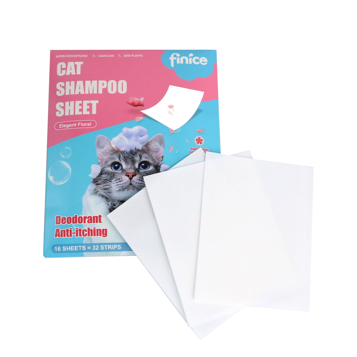 Finice Cat Shampoo Sheets – Plant-Based, Anti-Itch & Deodorising, Elegant Floral, 32 Washes