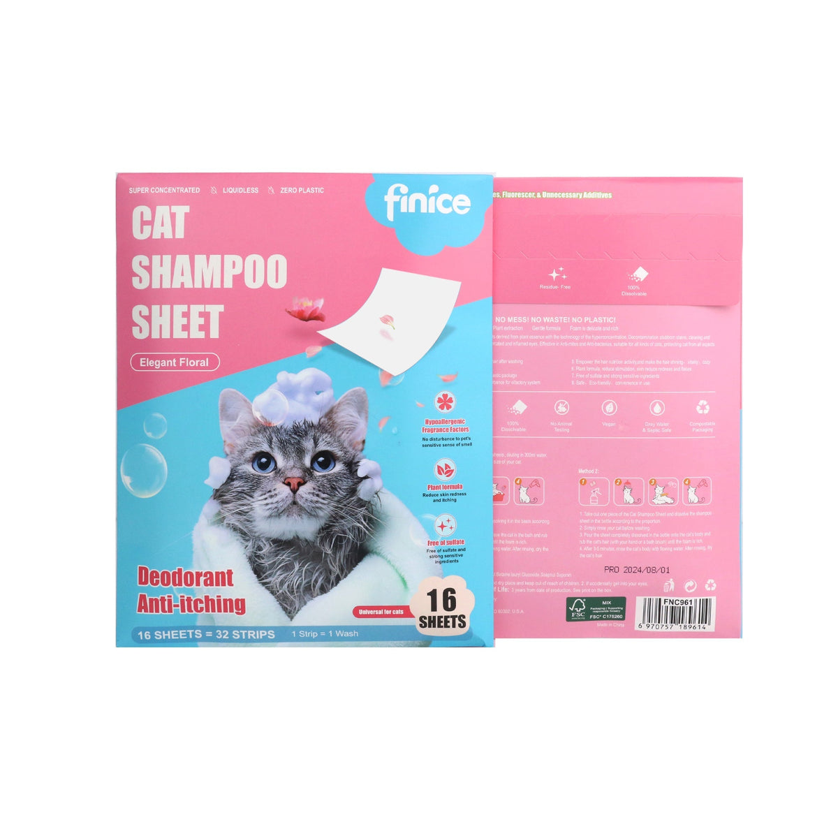 Finice Cat Shampoo Sheets – Plant-Based, Anti-Itch & Deodorising, Elegant Floral, 32 Washes