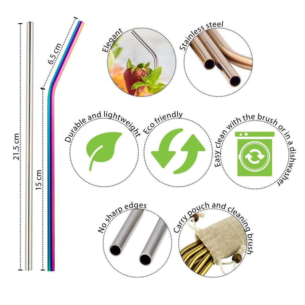 Reusable Stainless Steel Drinking Straws - Rainbow - 8 Pack