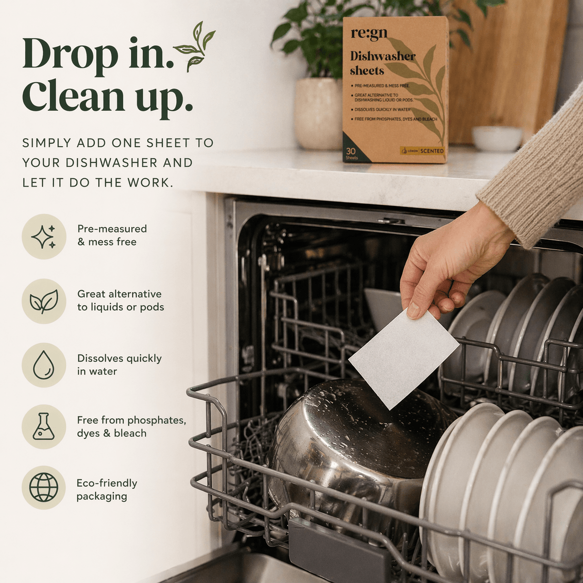 re:gn Dishwasher Sheets | Lemon Scented |30 Sheets | Pre-Measured Dishwashing Alternative